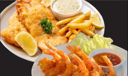 Fried haddock with fries and fried shrimp
